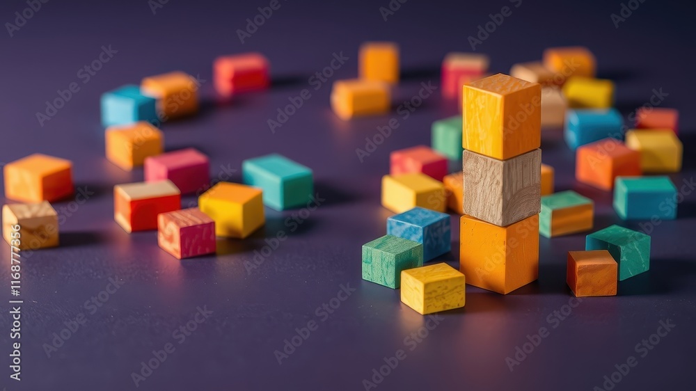 Colorful Wooden Blocks Arranged in a Stack and Scattered on a Dark Surface Colorful Wooden Blocks Arranged in a Stack and Scattered on a Dark Surface