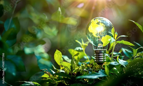Earth illustrated in a glowing light bulb among green leaves, symbolizing eco-friendly innovation, renewable energy, and sustainability. Perfect for environmental awareness and green energy concepts.