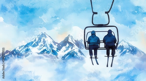 A serene watercolor painting depicting two skiers on a chairlift against a backdrop of majestic snow-capped mountains and a blue sky. photo