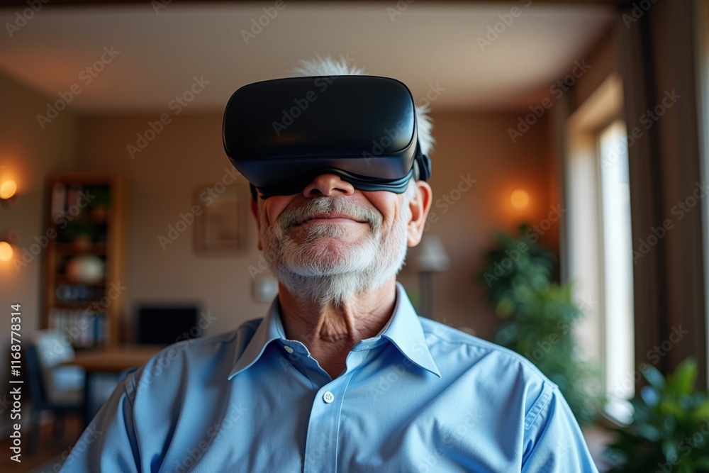 Experience the Future: Senior Man Smiling While Wearing Virtual Reality Headset in Cozy Living Room Experience the Future: Senior Man Smiling While Wearing Virtual Reality Headset in Cozy Living Room