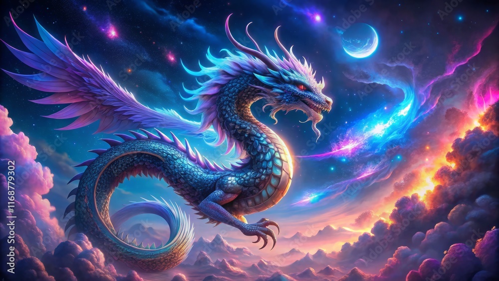 Luminescent Celestial Dragon Soaring Through a Dreamscape Night Luminescent Celestial Dragon Soaring Through a Dreamscape Night