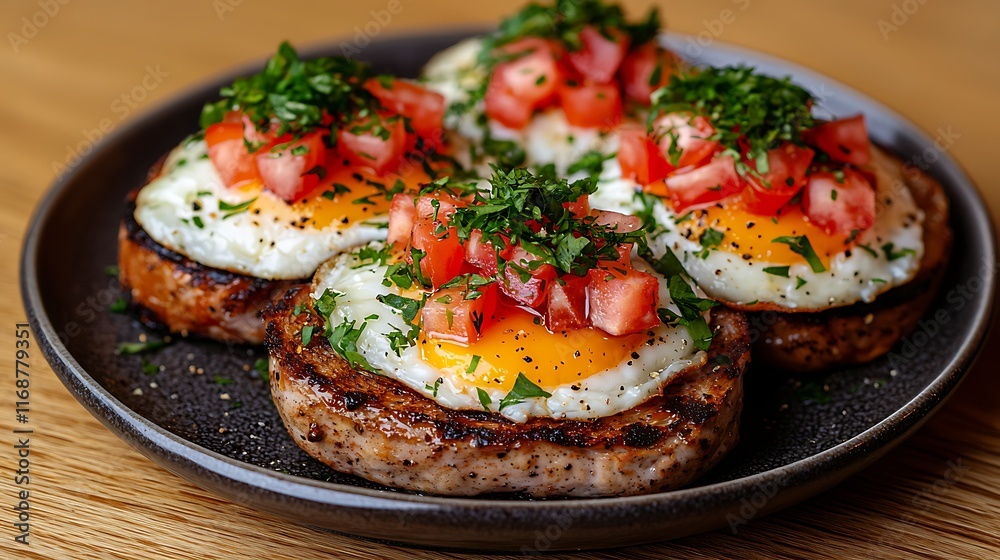 Four savory patties topped with fried eggs, diced tomatoes, and fresh parsley on a dark plate. Four savory patties topped with fried eggs, diced tomatoes, and fresh parsley on a dark plate.