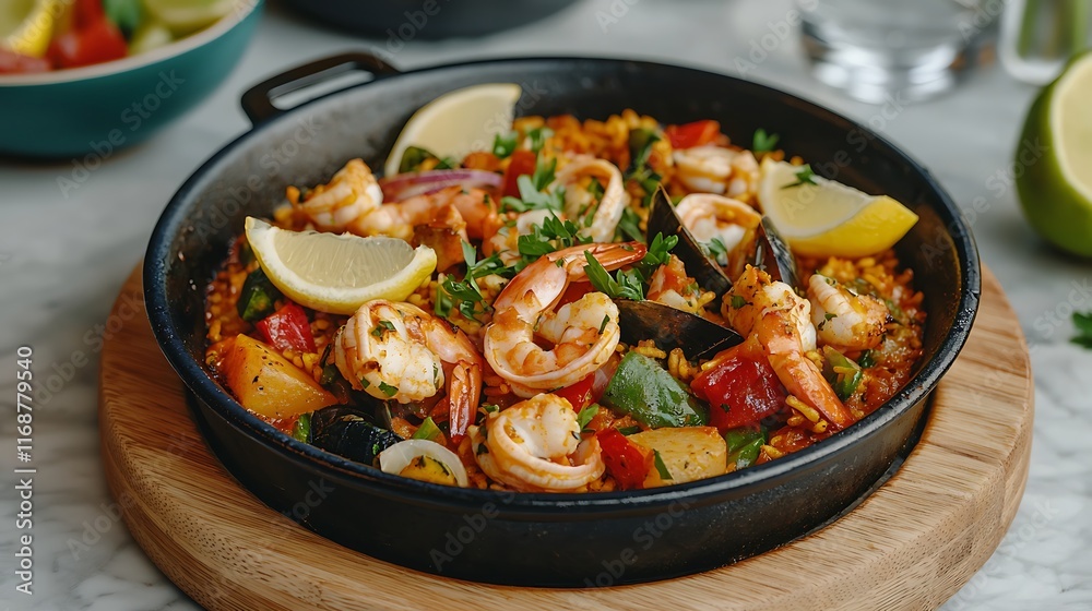 Delicious seafood paella in a cast iron skillet, garnished with lemon wedges and fresh parsley. Delicious seafood paella in a cast iron skillet, garnished with lemon wedges and fresh parsley.