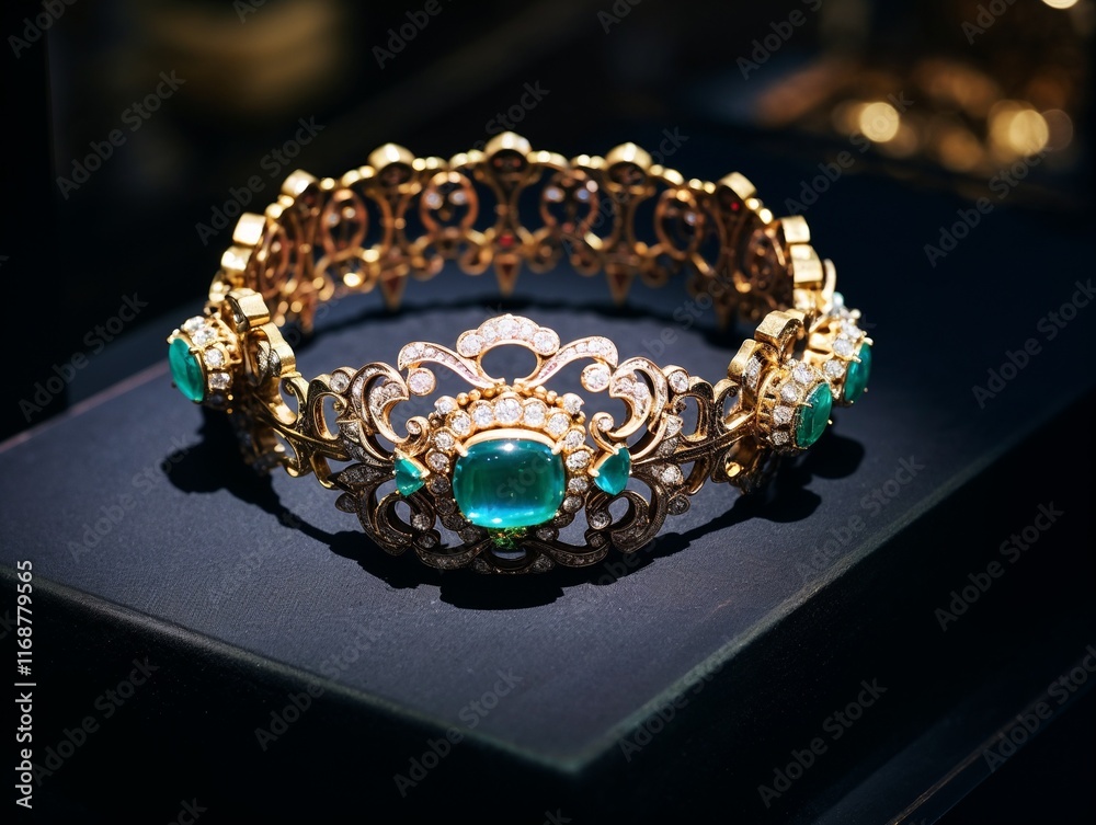 Obraz premium Luxury gold bracelet with turquoise gemstones, elegant jewelry design, sophisticated display, copy space