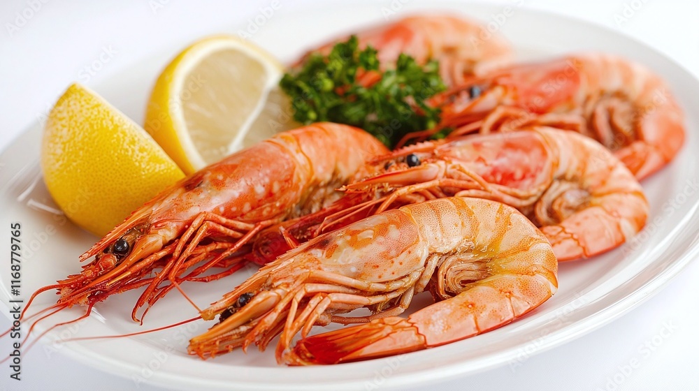 Cooked prawns, lemon, parsley on white plate. Cooked prawns, lemon, parsley on white plate.