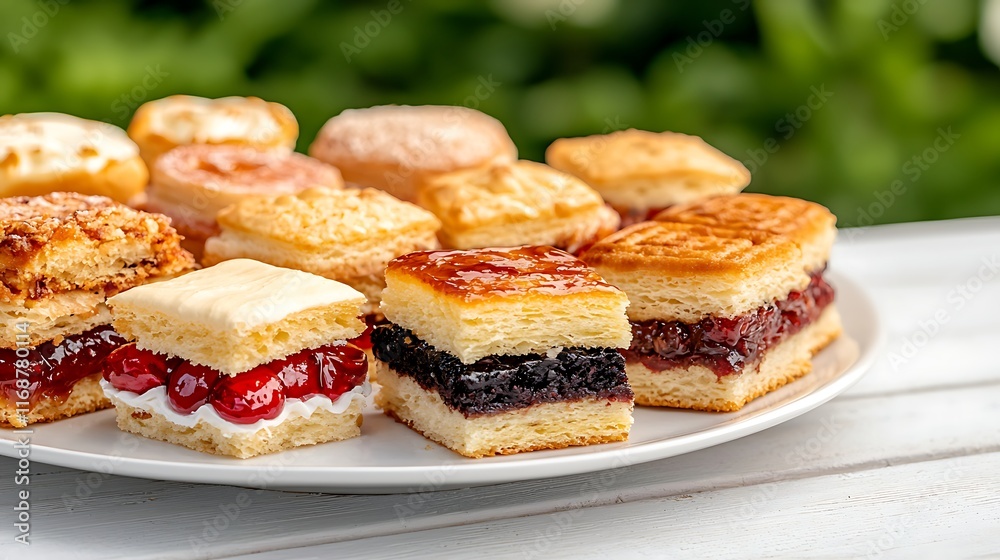 Assorted delicious small cakes with jam and cream fillings on a white plate. Assorted delicious small cakes with jam and cream fillings on a white plate.