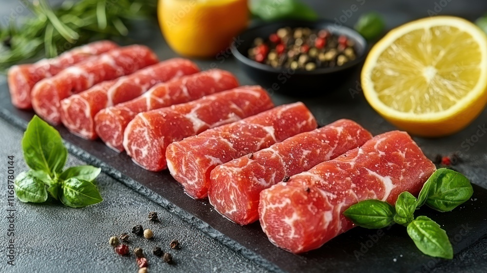 Fresh meat rolls with herbs and citrus on a slate board. Fresh meat rolls with herbs and citrus on a slate board.