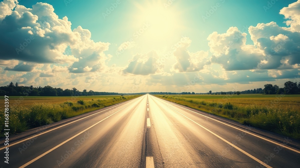 Naklejka premium Asphalt Road Stretching Towards a Bright Sunny Sky with Lush Green Fields on Either Side