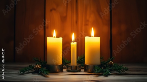 Wallpaper Mural Three illuminated candles with evergreen boughs on a wooden surface Torontodigital.ca