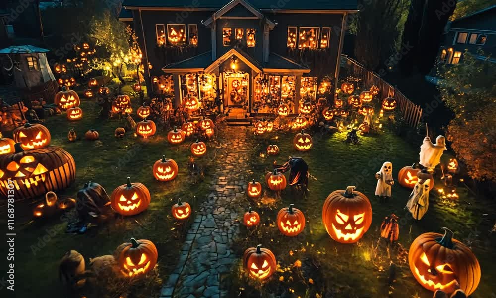 Spectacular Halloween Pumpkin Display at Night