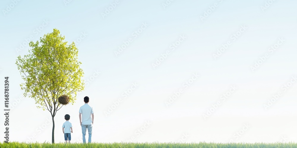 Obraz premium A father and son share a quiet moment together under a tree in an open landscape.