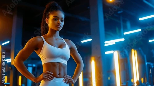 Fitness Motivation: A determined woman in a white sports bra and leggings stands confidently in a neon-lit gym, radiating strength and resolve.