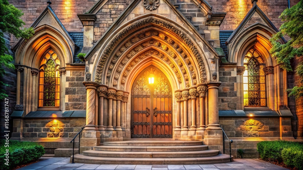 Obraz premium Majestic Church Entrance: Architectural Detail and Stonework at Dawn