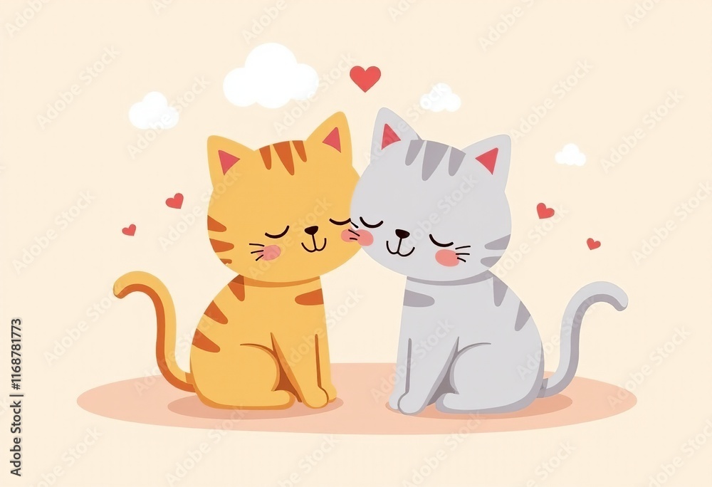 Playful Cats with Heart Motifs: A Vector Design of Two Cute Kittens Sitting Together with Clouds, Ideal for Pet-Themed Crafts and Artwork Playful Cats with Heart Motifs: A Vector Design of Two Cute Kittens Sitting Together with Clouds, Ideal for Pet-Themed Crafts and Artwork