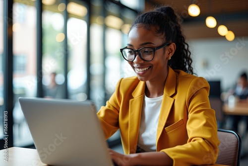 Professional Woman in Yellow Blazer Working on Laptop in Modern Office Setting, Perfect for Business and Inspirational Content