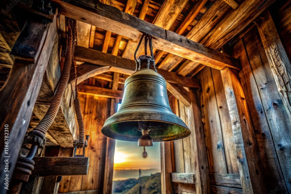 Obraz premium Minimalist Bells in Ancient Wooden Bell Tower - Stock Photo