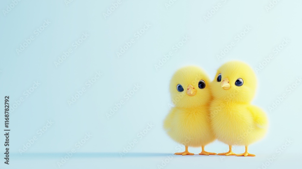 Two yellow chicks standing side by side on a plain white backdrop, symbolizing friendship and innocence. Two yellow chicks standing side by side on a plain white backdrop, symbolizing friendship and innocence.