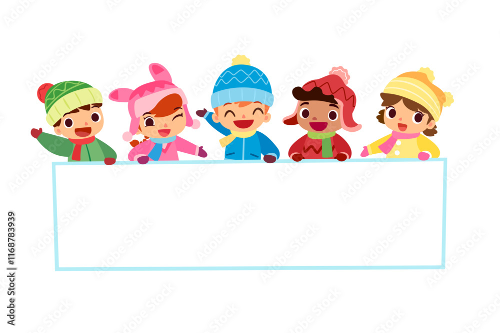 children in winter clothes hold big blank sign children in winter clothes hold big blank sign