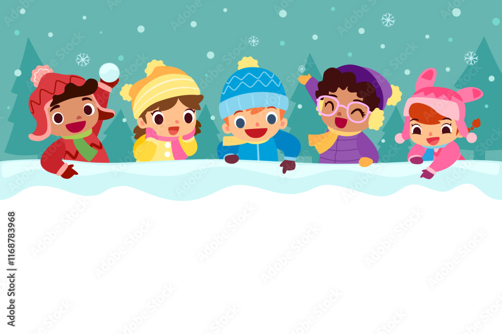 kids in winter clothes play with snow beside blank space kids in winter clothes play with snow beside blank space
