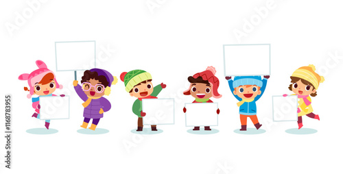 kids in winter clothes hold blank sign