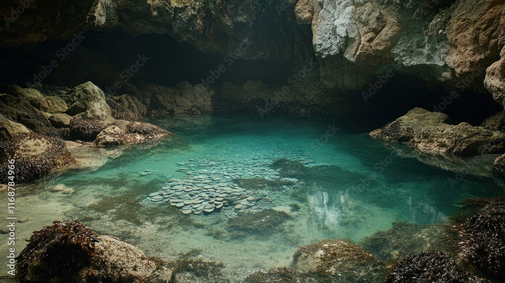 A tranquil tide pool filled with limpets and other marine life, nestled among dark, craggy rocks at Sintra Cascais Natural Park, Portugal A tranquil tide pool filled with limpets and other marine life, nestled among dark, craggy rocks at Sintra Cascais Natural Park, Portugal