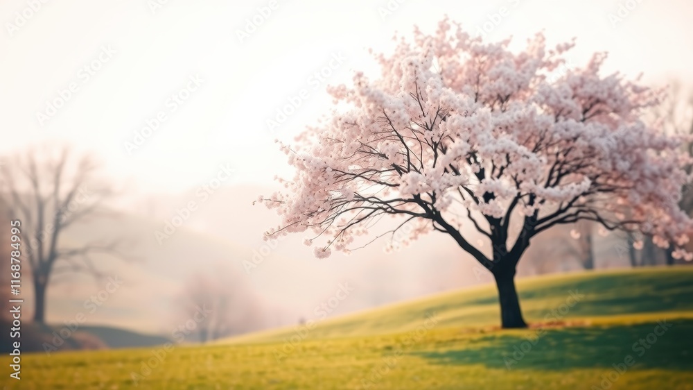 Serene Springtime Scene A Single Blossoming Tree in a Rolling Meadow at Dawn Serene Springtime Scene A Single Blossoming Tree in a Rolling Meadow at Dawn
