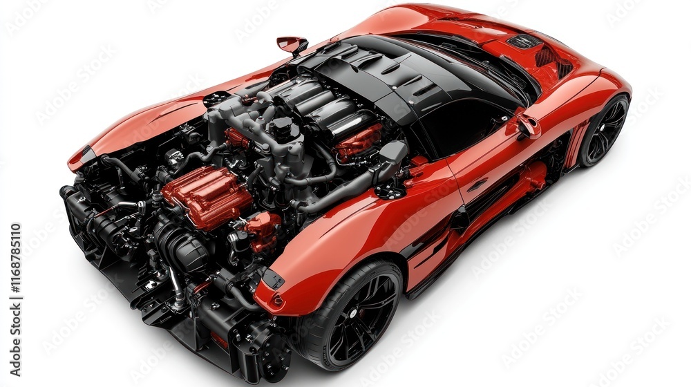 A detailed view of a high-performance sports car's engine and chassis. A detailed view of a high-performance sports car's engine and chassis.
