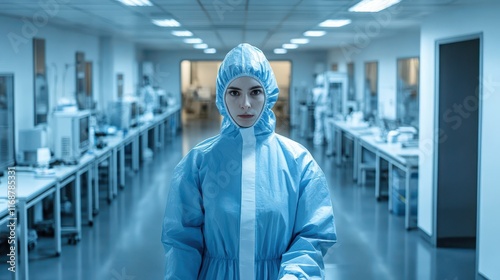 Scientist wearing protective suit working in pharmaceutical factory laboratory photo