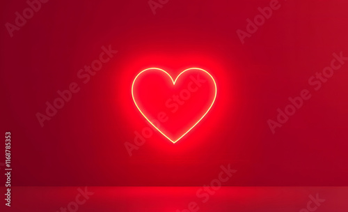 Neon Heart Shape on Red Background for Valentine's Day Copy Space