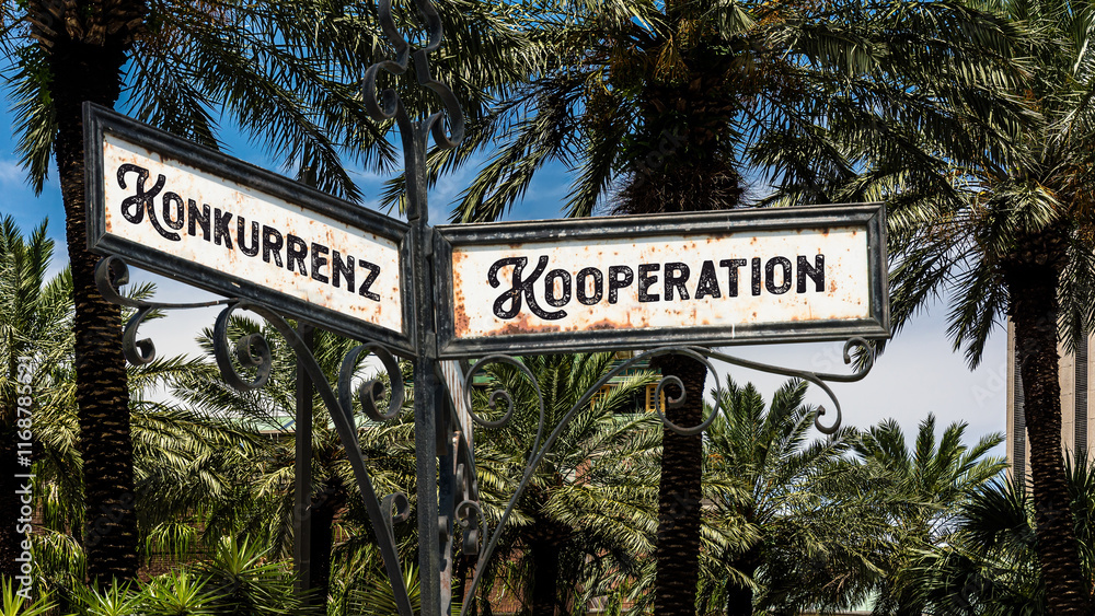Fototapeta premium Signposts the direct way to cooperation versus competition