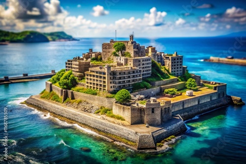 Hashima Island, Japan: Miniature World Aerial View, Abandoned City, Concrete Jungle, Tilt-Shift Photography photo