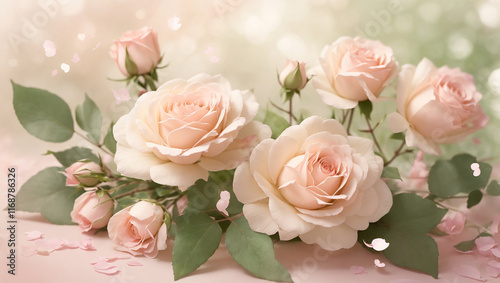A soft, dreamy image of pale pink roses is showcased, as one option for upload, amid a collection of visual content. The flowers have a romantic, almost ethereal feel, with soft focus and bokeh.