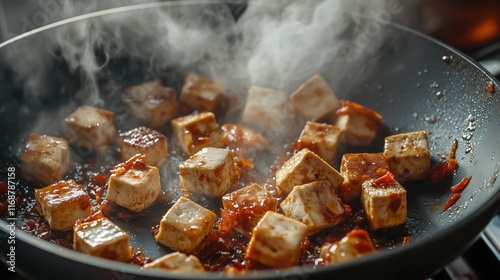 Sizzling tofu cubes in a flavorful sauce