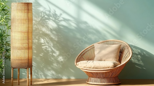 Cozy wicker chair and floor lamp in sunlit room with green plant shadows