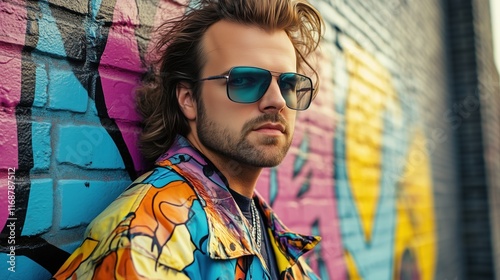 Stylish man posing against vibrant graffiti backdrop