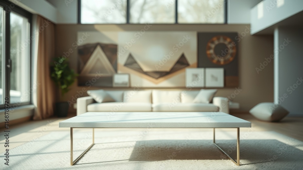 Fototapeta premium Modern minimalist living room with a white coffee table and neutral decor