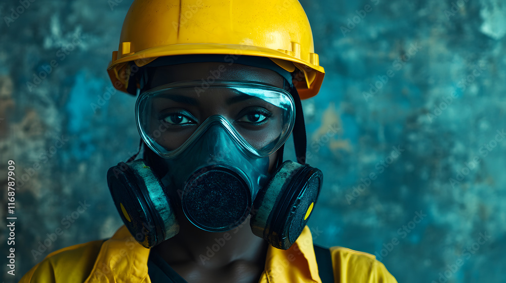 Naklejka premium Gas mask wear a girl on yellow colour for business poster 