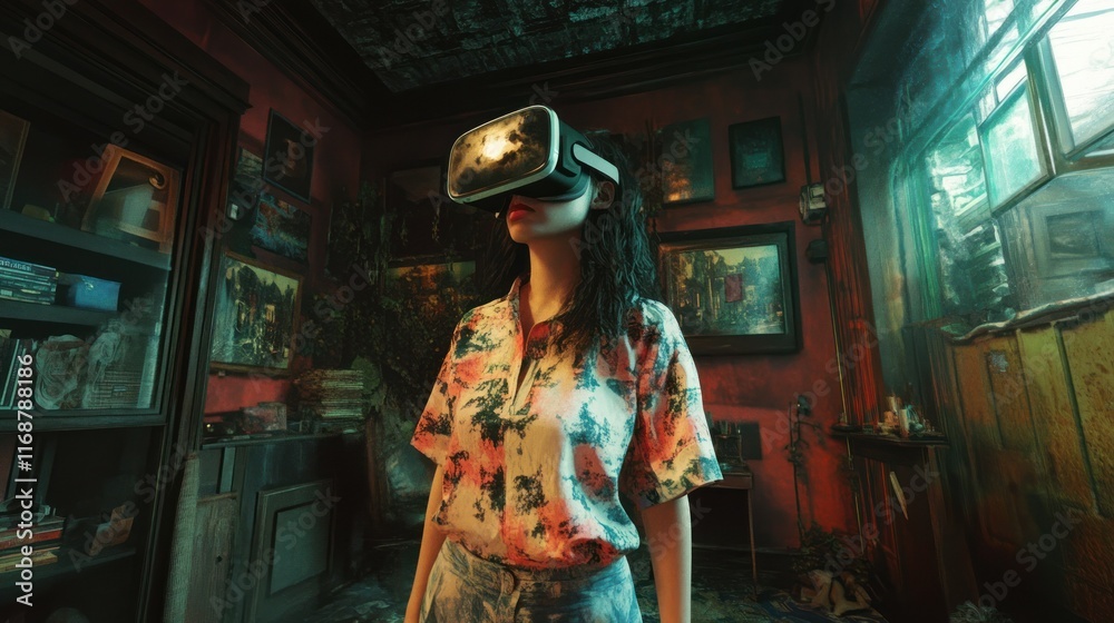 Fototapeta premium Person wearing VR headset in a cluttered room.
