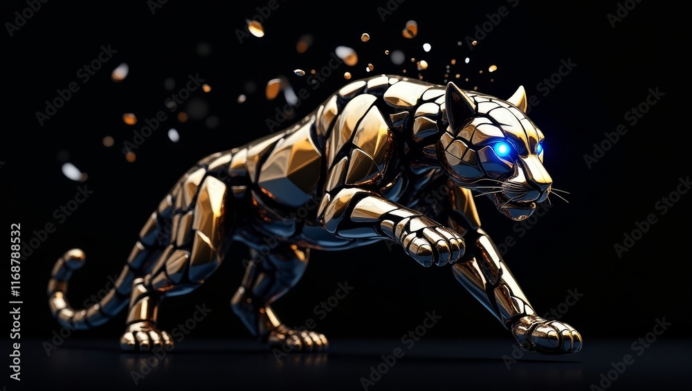 Abstract 3D rendering of a golden panther with blue eyes. Ideal for futuristic, tech, or gaming concepts. Abstract 3D rendering of a golden panther with blue eyes. Ideal for futuristic, tech, or gaming concepts.