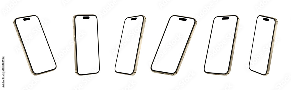 Realistic models smartphone with transparent screens in Gold. Smartphone mockup collection. Device side view. 3D mobile phone on transparent background
