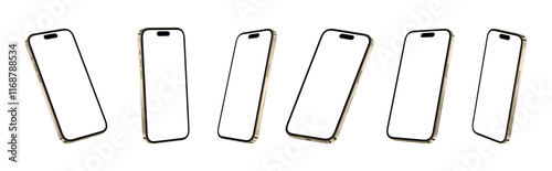 Realistic models smartphone with transparent screens in Gold. Smartphone mockup collection. Device side view. 3D mobile phone on transparent background