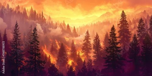 Forest with trees on fire photo