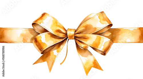 Watercolor gold bow and ribbon isolated on transparent background