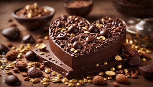 This image shows a heart-shaped chocolate with nuts and chocolate pieces, viewed from above. It is surrounded by various chocolates and nuts on a wood-like surface.