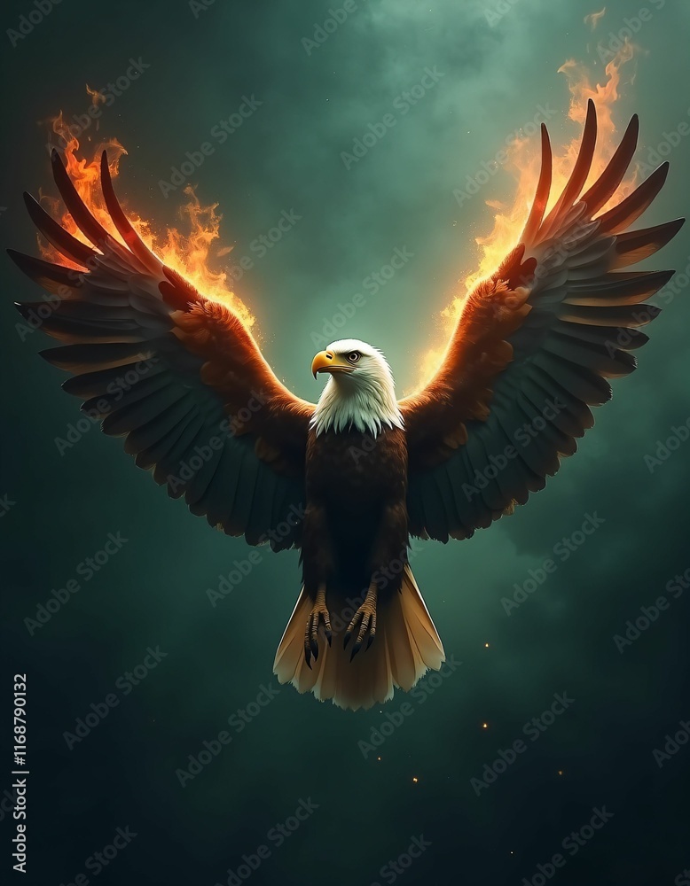an eagle with spread wings, dark green or dark blue background, fire in the air, wind, mystical, exotic, fantastic, realistic look an eagle with spread wings, dark green or dark blue background, fire in the air, wind, mystical, exotic, fantastic, realistic look