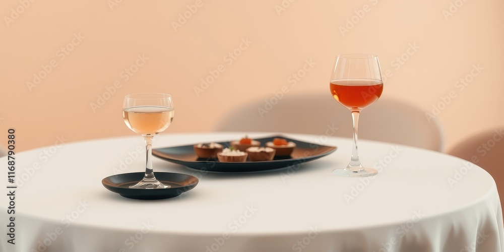 Elegant table setting with wine and mini desserts Elegant table setting with wine and mini desserts