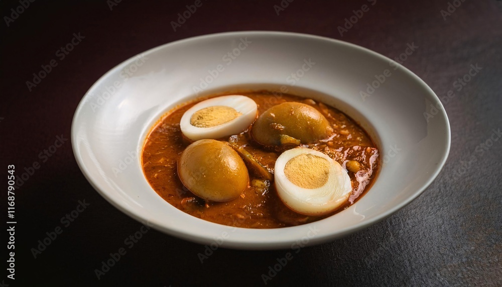 close-up of egg curry dish with boiled eggs in rich spicy gravy served in white bowl
close-up of egg curry dish with boiled eggs in rich spicy gravy served in white bowl