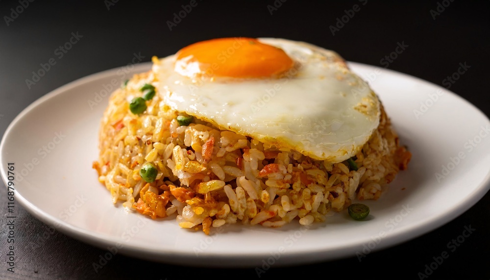 fried rice dish topped with a runny fried egg served on white plate close-up
fried rice dish topped with a runny fried egg served on white plate close-up