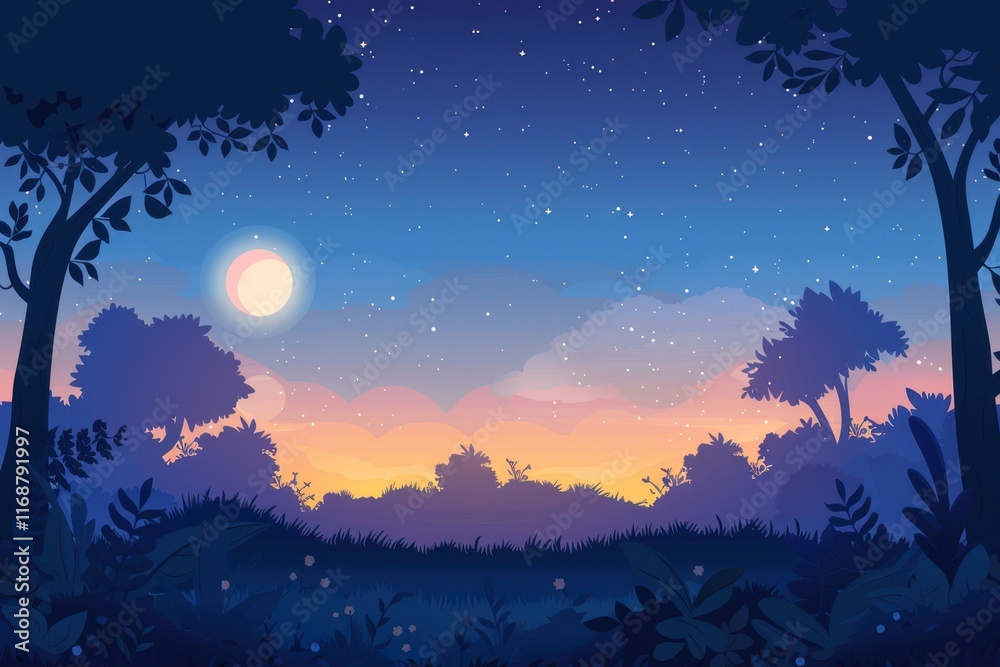 Silhouetted Trees and a Full Moon Against a Starry Night Sky