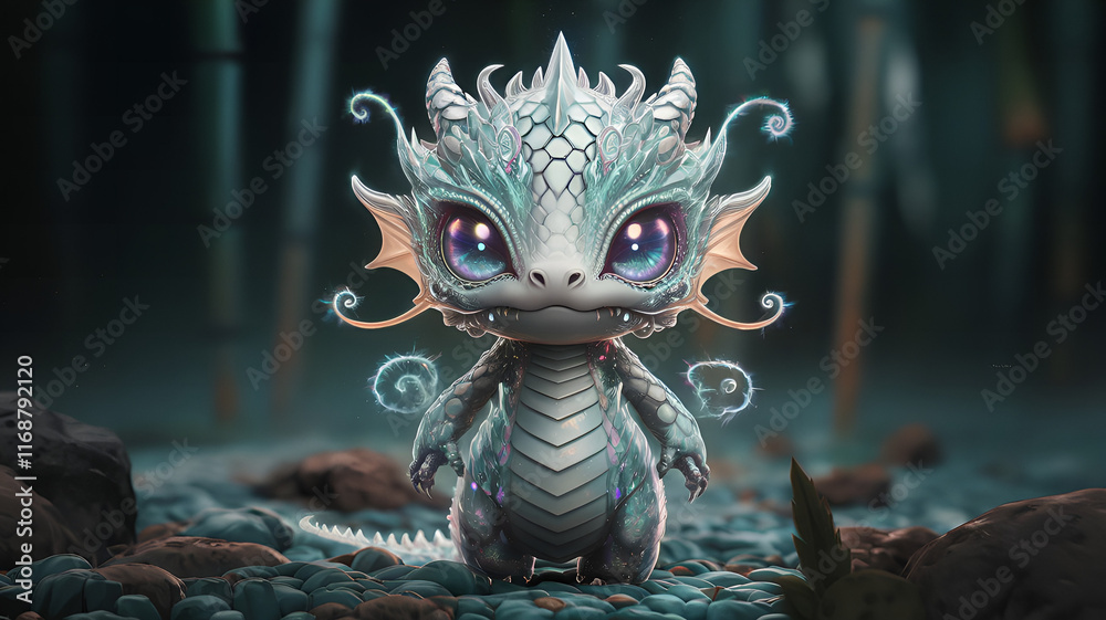 Fototapeta premium A 1.6 cm tall microscopic Spectral Dragon Bamboo Fusion Runway Model, showcasing a unique blend of quantum mythical transformation mechanism.
